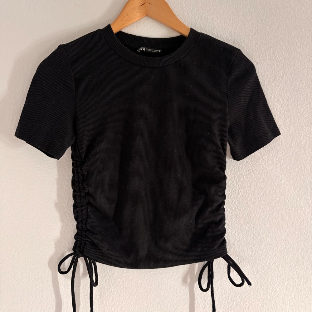 Zara Black Ruched Short Sleeve Top